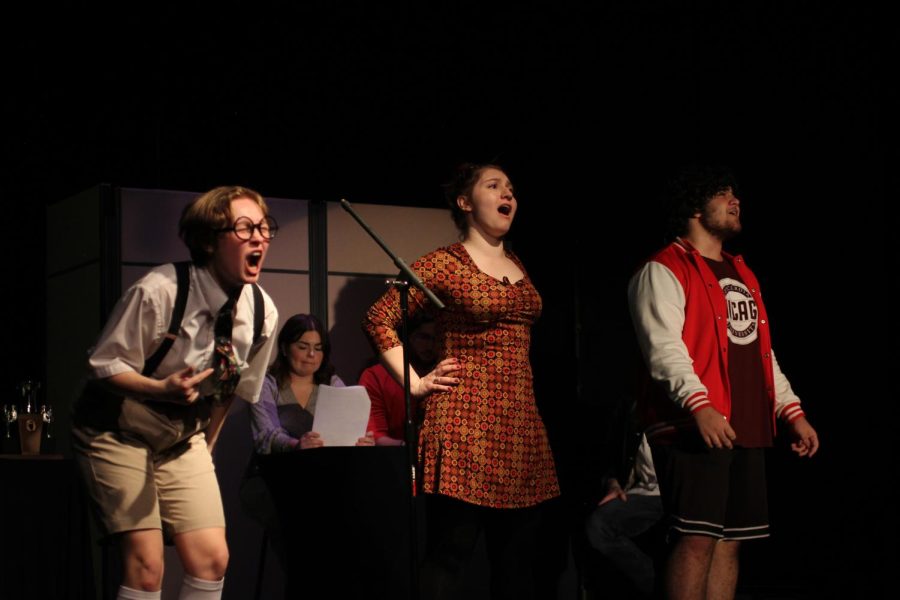 Evalynn+Berg+%28left%29%2C+Josie+Brown+%28middle%29%2C+and+Omar+Darwiche+%28right%29+rehearse+for+25th+Annual+Putnam+County+Spelling+Bee.+