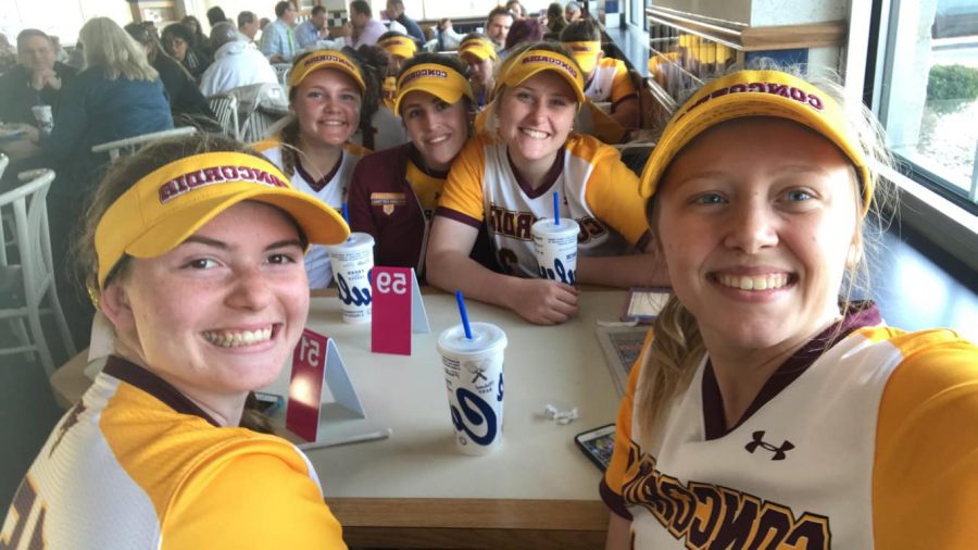 A few of the lady Cougars smile for a photo after sweeping Benedictine University for the first time in program history.
Back Row (Left to Right): Holly Bathje, Amy Mescall, Kacey Powers
Front Row: (Left to Right): Claire Urchell and Sydney Paulauskis-Lauher 
(Photo Credit to Holly Bathje)