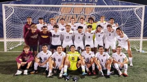 The CUC mens soccer team celebrates their 1-0 victory over Wheaton College on Saturday, Sept. 11, 2021.