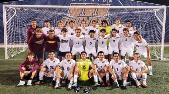 The CUC men's soccer team celebrates their 1-0 victory over Wheaton College on Saturday, Sept. 11, 2021.