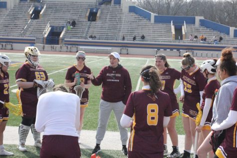Coach Fran Meyer coaching the Concordia University Chicago Womens Lacrosse Team at Beloit College on April 5th.