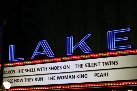 The marquee sign outside of Lake Theater located at 1022 Lake Street in Oak park displays current movie showings.