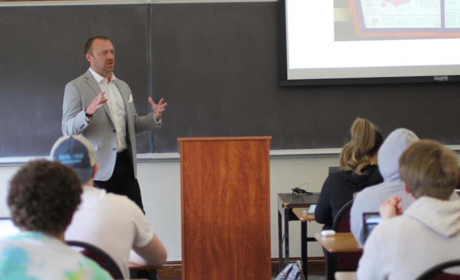 Professor David Bates teaches in the classroom on April 28. 