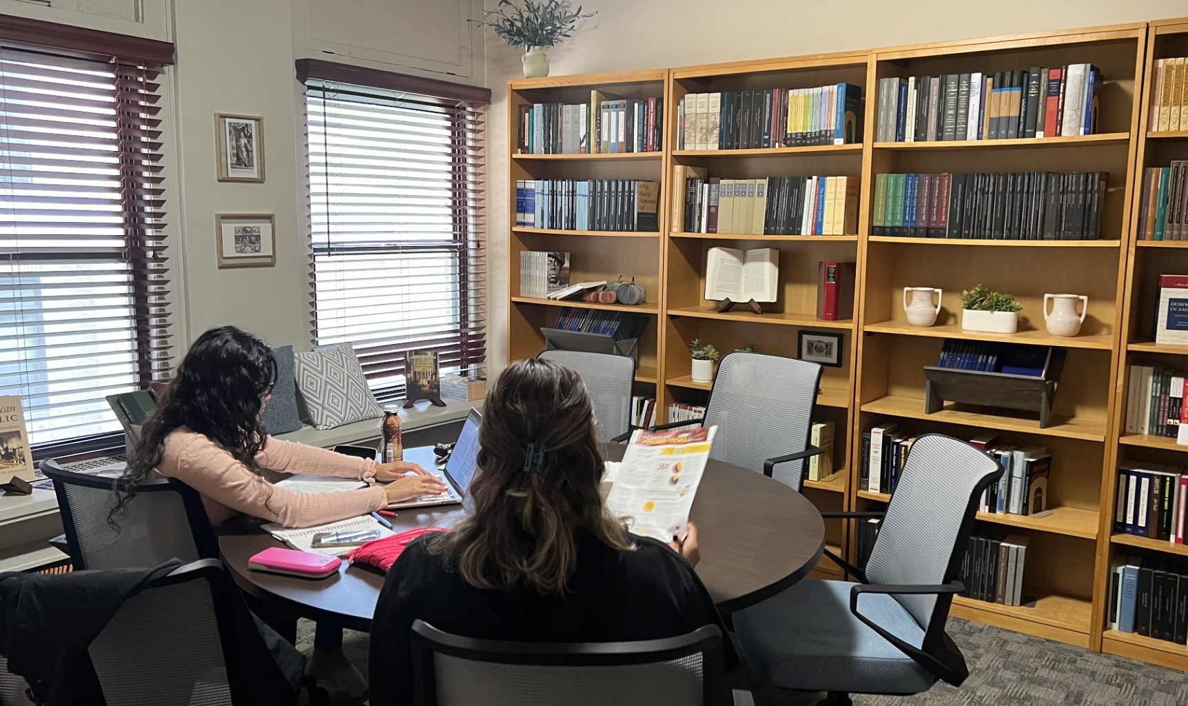 Senior Michelle Medina and junior Natalie Gallardo study in the Liberty Fund Library on Sept. 11.