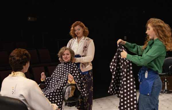 Anika Slayton, Evalynn Berg, Maddison Blodgett, and Ana Scheltens rehearse for the Artists of Concordia Theatre performance of Steel Magnolias.