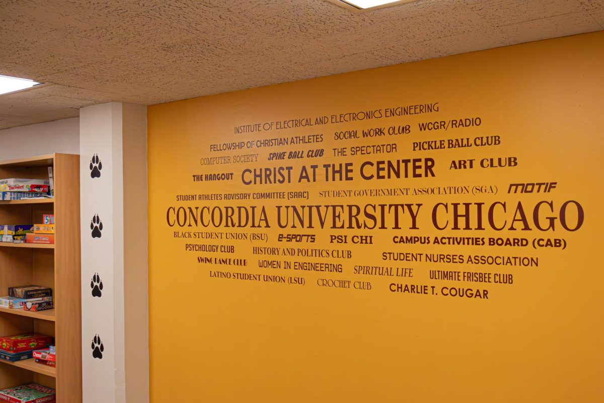 Klinck Memorial Library's "Cougar Cavern" received a new wall graphic, featuring all the various Clubs and Organization operating at Concordia University Chicago 