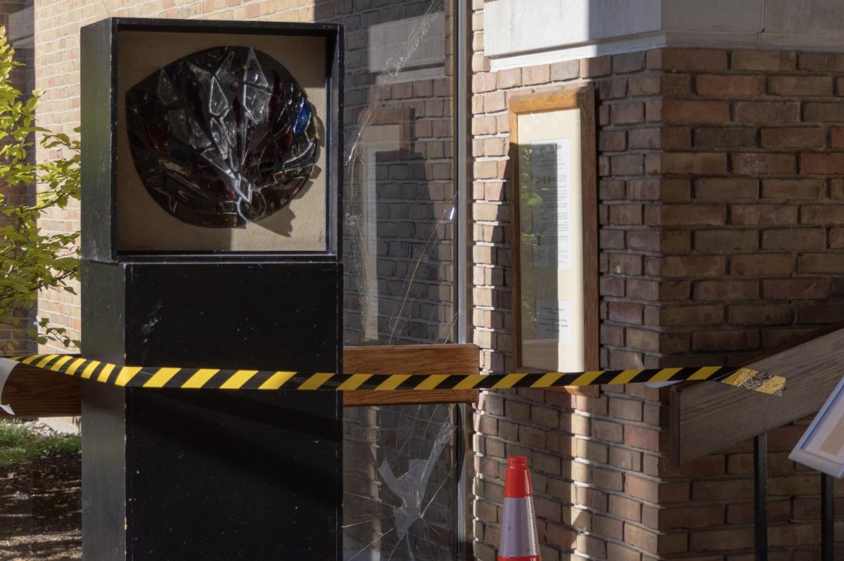 Broken glass in the Koehneke Community Center foyer caused by e-scooter use indoors in September.