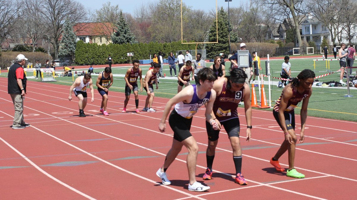 Runners line up at the start of the 800-meter dash at CUC's Cougar Invitational.