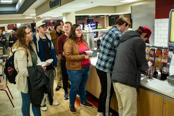Cereal eaters lined up to get their bowl of cereal in the cafeteria on Feb. 2.