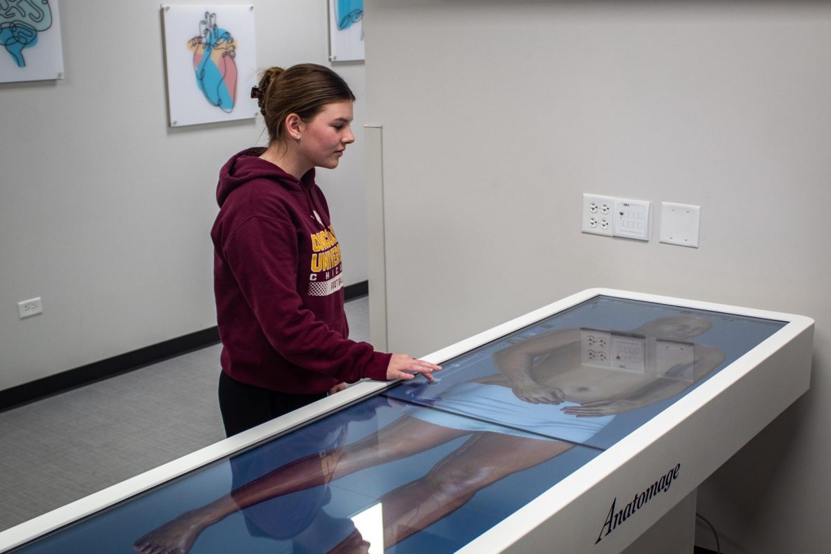 Junior Lauren McGlothin uses the the Anatomage table in the nursing simulation lab to visualize the insides of a cadaver.